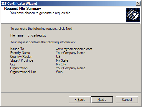 IIS Certificate Wizard - Request File Summary