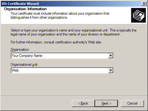 IIS Certificate Wizard - Organisation Information